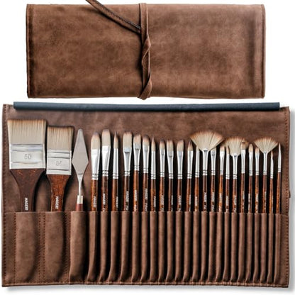 25 Pieces Paint Brushes, Expert Synthetic Nylon Bristles Paint Brush Kit with Palette Knife & Suede Leather Roll, Paint Brushes Set for Oil, Acrylic, Watercolor, Gouache and Detail Paintings