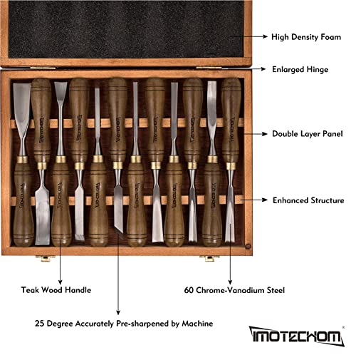 12-Pieces Woodworking Wood Carving Tools Chisel Set with Wooden Box, Razor Sharp CR-V 60 Steel Blades - size: 12-Pieces Carving Chisel