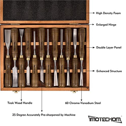 12-Pieces Woodworking Wood Carving Tools Chisel Set with Wooden Box, Razor Sharp CR-V 60 Steel Blades - size: 12-Pieces Carving Chisel