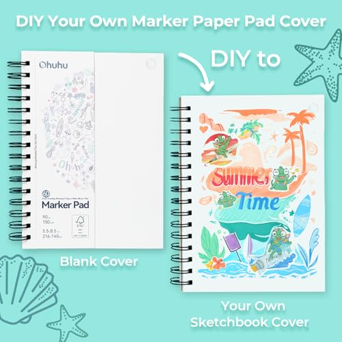 Ohuhu Double-Sided Marker Pads Art Sketchbook Bleedproof - 5.5"x8.5" Small Paper Size - 90 LB/150 GSM Smooth Drawing Paper - 60 Sheets/120 Pages, Spiral Bound Sketching Book for Alcohol Markers Paints - size: 5.5" x 8.5"