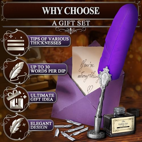 Victorian Writing Quill and Ink Set – Stainless Steel Dip Pen Feather Quill Pen and Ink Set with 5 Nib Refills, Secure Textured Grip, Gift-Ready Box with Display Stand – Calligraphy Gift Set (Purple) - color: Purple