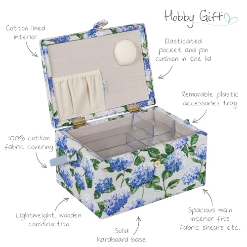 Hobby Gift Medium Sewing Box Organiser, Fabric Covered Storage Box with Handle, Internal Tray, Pin Cushion and Pocket for Sewing, Quilting and Knitting Supplies - color: Hydrangea