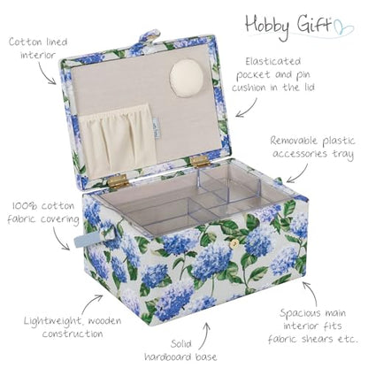 Hobby Gift Medium Sewing Box Organiser, Fabric Covered Storage Box with Handle, Internal Tray, Pin Cushion and Pocket for Sewing, Quilting and Knitting Supplies - color: Hydrangea