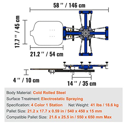 VEVOR Screen Printing Machine, 4 Color 1 Station 360° Rotable Silk Screen Printing Press, 21.2x17.7in / 54x45cm Screen Printer Press, Double-Layer Positioning Pallet for T-Shirt DIY Printing