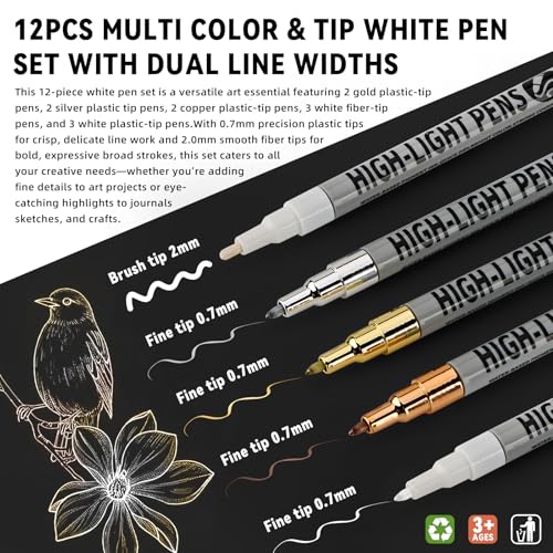 Highlight Pens 12 Pack, White Ink Pens Set with Metallic Silver Gold Bronze, Fine & Brush Tip Paint Pens for Black Paper, Card Making, Rock Painting, Glass, DIY Crafts