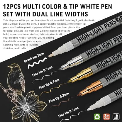 Highlight Pens 12 Pack, White Ink Pens Set with Metallic Silver Gold Bronze, Fine & Brush Tip Paint Pens for Black Paper, Card Making, Rock Painting, Glass, DIY Crafts