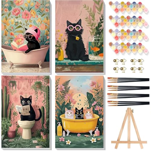 xackcme 4 Pack Paint by Numbers for Adults with Framed Canvas - with Wooden Easel, Cat Paint by Number on Canvas, DIY Black Cat Acrylic Oil Painting Kits with Brushes for Home Wall Decor (8x12 inch) - color: BKH2309+BKH2310+BKH2311+BKH2312