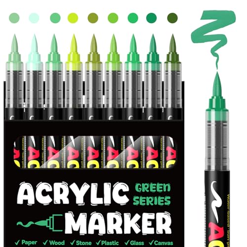 Green Acrylic Paint Markers, 9 Colors Direct Liquid Acrylic Paint Pens with Brush Tip, No Bleed Water-Based Marker for Black Paper, Rock Painting, Wood, Glass, Fabric, Ceramic, DIY Crafts - color: Natural Green