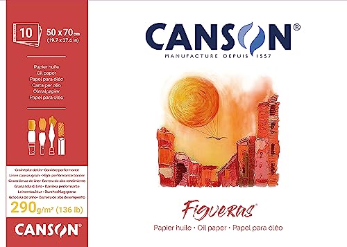 CANSON Figueras, Oil Paper, Imitation Linen Grain, 290gsm, Glued pad on Long Side, 50x70cm, White, 10 Sheets - size: 50x70cm, style: Gluing short side