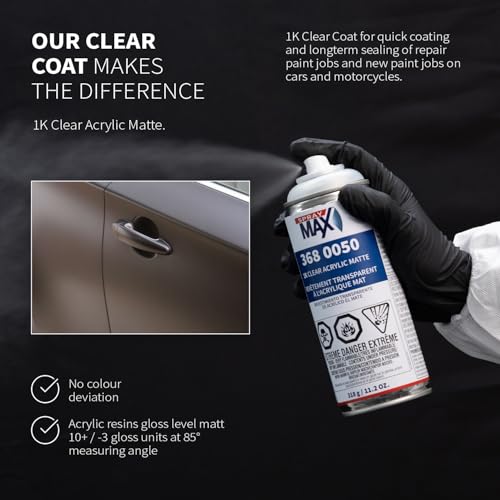 SprayMax 1K Acrylic Matte Clear Coat | Fast-Drying Acrylic Clear Coat Spray Paint for Cars, Crafts & Metal | Smooth Matte Finish, Weather & Scratch Resistant | Professional Grade 11.3 oz