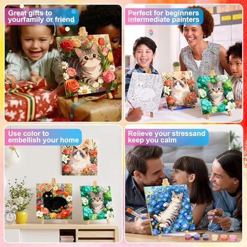 Supervitae 72 Piece Floral Cats Square Pre Drawn Canvas Kit 5.9" Paint and Sip Kit for Adults Painting Party Pre Printed Canvas DIY with Pictures Paints Easels Brushes for Party Gifts - size: 5.9", style: Floral Cats
