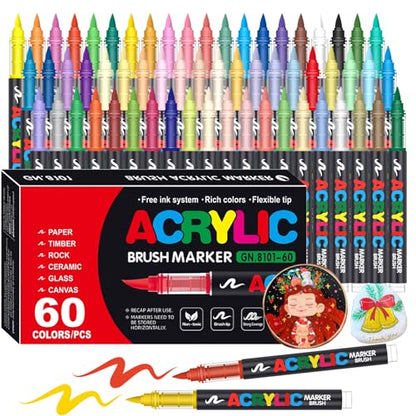 Amamao Acrylic Paint Markers, Soft Brush Tip Pens and Markers, Acrylic Paint Pens for Wood, Stone, Canvas, Glass, Fabric, Egg, Rock Painting and DIY Crafts Art Supplies (60) - style: 60 BOX