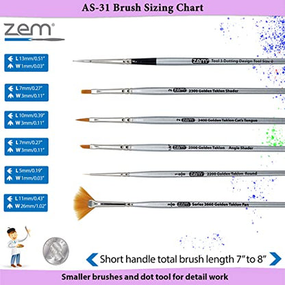ZEM Brush Golden Taklon Mini Detail Brush Set Fan 2/0, Flat 2, Cats Tongue 2, Angle 1/8", Detail 10/0, Dot Tools #3