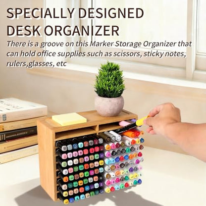 Bamboo Marker Holder Organizer, 126 Pens Capacity, 18 Compartments, Art Supply Storage for Alcohol Markers, Pens, Pencils