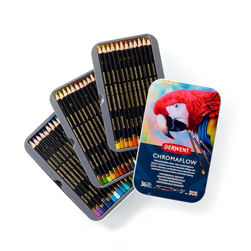 Derwent Chromaflow Colored Pencils 36 Tin, Set of 36, 4mm Wide Core, Multicolor, Smooth Texture, Art Supplies for Drawing, Blending, Sketching, Adult Coloring, Premier, Professional Quality (2306012) - size: 36 Count (Pack of 1)