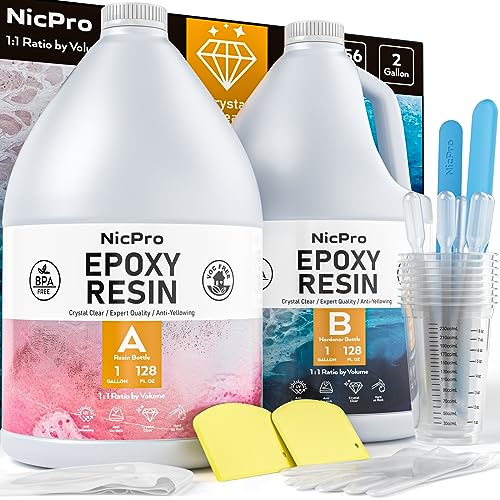 Nicpro 2 Gallon Crystal Clear Epoxy Resin Kit, High Gloss & Bubbles Free Resin Supplies for Art Coating Casting Craft DIY Wood, Jewelry Making, Molds - size: 2 gallon