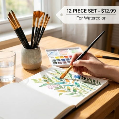 12-Piece Artist Paint Brush Set, Synthetic Filbert Comb and Detail Brushes for Acrylic Watercolor & Oil Painting, Professional Art Supplies for Canvas Texture Work