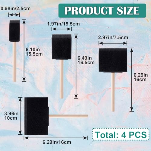 Pndeyo 4pcs 4 Sizes Foam Paint Brushes, Sponge Paintbrushes with Wooden Handle, 1" 2" 3" 4" Sponge Brushes for Painting Staining Varnishes DIY Craft Projects- Black