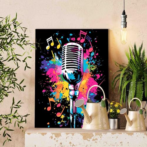 Aihonmin DIY Paint by Numbers The Neon Microphone, 16x20 Acrylic Canvas Painting Kit for Kids & Adults, Musical Instrument DIY Craft Kit, Customizable Design - color: Music-15, size: 16''x20''(DIY Frame)