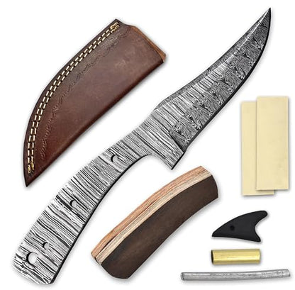 Custom Hand Forged Damascus Steel Blank Blade Diy Knife Making Kit Including Wooden Scale, Leather sheath, Pin, Damascus Blade Billet Knife Making Supply (BK-H) - color: BK-H