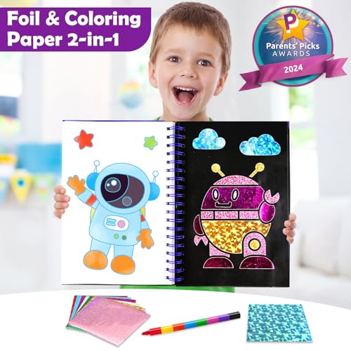 FUNNYB&G Foil Art Craft Kit for Boys 4-10 Years Old: Mess-Free & No-Glue, Create 16 Sparkly Space Pictures – Perfect Travel Toy & Birthday Gift for Kids (Space) - style: Space
