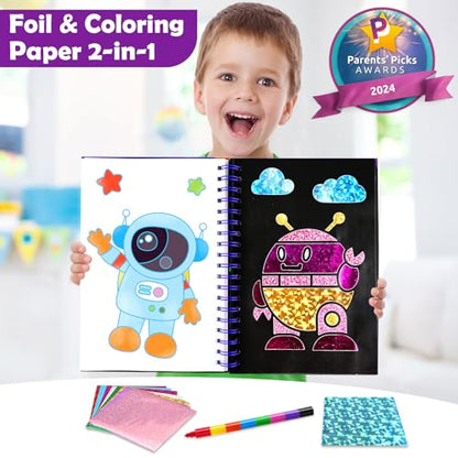 FUNNYB&G Foil Art Craft Kit for Boys 4-10 Years Old: Mess-Free & No-Glue, Create 16 Sparkly Space Pictures – Perfect Travel Toy & Birthday Gift for Kids (Space) - style: Space