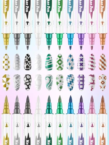 10 Color Metal Giltter 3D Nail Art Pens Set, Kalolary Double-ended Nail Point Dotting Pen Drawing Painting Liner Brush for DIY Nail Art Beauty Adorn Manicure Tools(G) - color: G