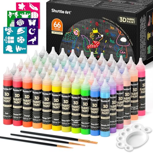 66 Colors Fabric Paint, Shuttle Art 3D Fabric Paint with Stencil and Brushes, Permanent Textile Paint Includes Neon, Metallic, Glitter and Glow in the Dark Paint, Ideal for Clothing and DIY Decoration - color: 66 Colors