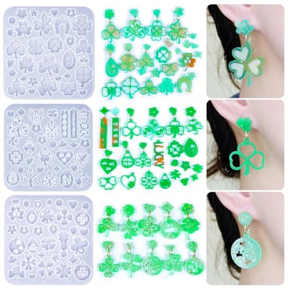 3 Pack Shamrock Silicone Resin Earring Molds, Lucky Straw Shape Earring UV Molds Epoxy Resin Casting Mold with 200Pcs Earring Hook for St Patrick's Day Keychain Jewelry Pendant DIY Supplies - color: 3 Pack Shamrock