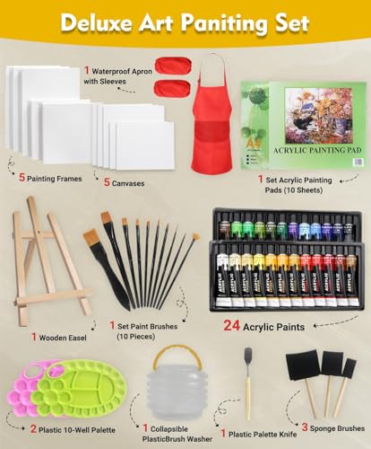 Colorful Acrylic Painting Kit | 64 Piece Painting Set with Walnut Easel, 24 Colors Acrylic Paint, Canvas, Palette, Brushes, Apron and Sleeve Set | Art Painting Supplies Kit - color: 64PCS+24Colors/12 ml