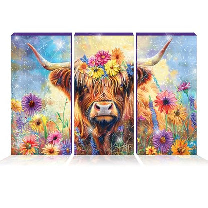 ArtSkills Diamond Painting Kit, Diamond Art Ready to Hang Framed Canvas with Storage and Accessory Kit, Highland Cow, 3 Stretched Canvas Panels, 14” x 7” Each - color: Highland Cow