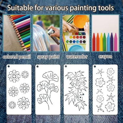 12 Sheets Sashiko Painting Stencils, 12 Styles Flower Leave Pattern Sashiko Quilting Drawing Templates Reusable Border Stencil for Sewing Embroidery Scrapbooking DIY Ornaments - style: Flower