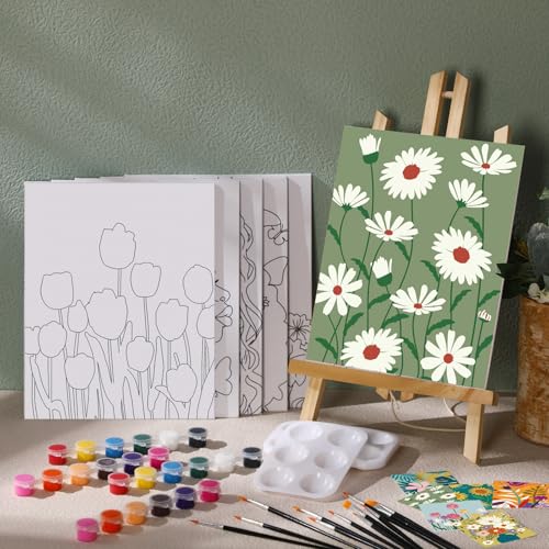 6 Pack Pre Drawn Canvas for Painting Pre Printed Canvas Kit 8 x 10 Inch Stretched Cotton Paint and Sip Set for Adults Couple Party Graduation Summer Date Night(Plants Flowers) - style: Plants Flowers