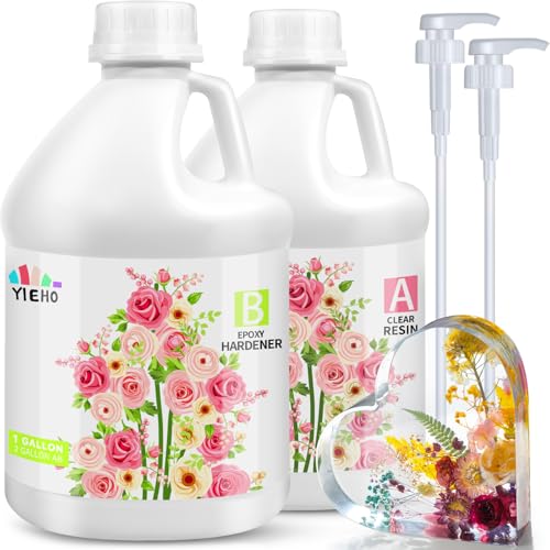 YIEHO 2 Gallon Epoxy Resin with Pumps, Crystal Clear Hard Bubble Free Anti Yellowing 2 Part Resin for Coating, Art Crafts, DIY, Jewelry Making 1:1 - size: 2 Gal