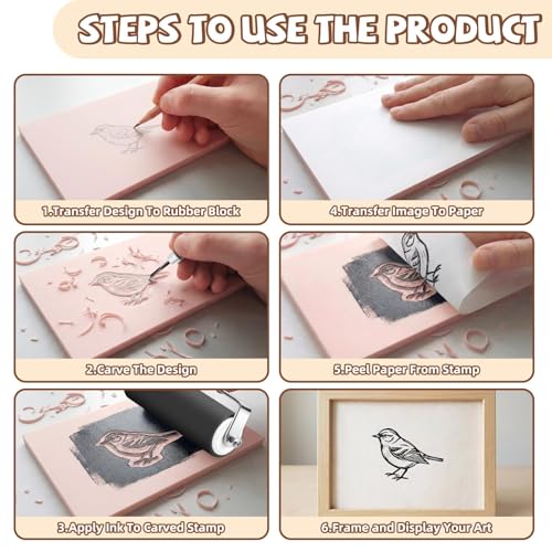 Oopsu Linocut Printmaking Kit - 6 PCS 4"x6" Soft Rubber Linoleum Blocks, Brayer & Carving Tools | Block Printing & Stamp Making Supplies for Beginners, Hobbyists & Artists