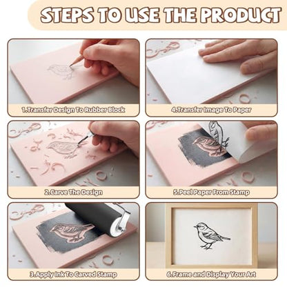 Oopsu Linocut Printmaking Kit - 6 PCS 4"x6" Soft Rubber Linoleum Blocks, Brayer & Carving Tools | Block Printing & Stamp Making Supplies for Beginners, Hobbyists & Artists
