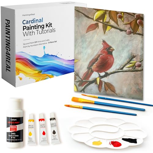 Painting4Real DIY Painting Class Kits for Adults with Video Tutorials, Learn to Paint Cardinal, How to Paint with Acrylic Paint Sets for Adult, 9 Peices Art & Painting Supplies Gifts for Mom - color: Cardinal