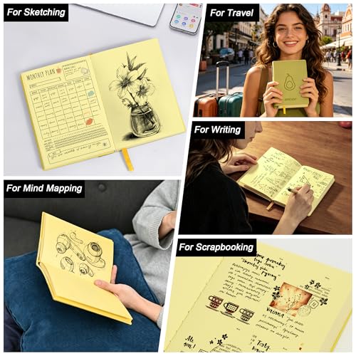 Thick Blank Journal Notebook 400 Pages With Pen Holder ，100gsm Thick Color Paper Fruit A6 Unlined Plain Sketchbook ，No Lines Notebook Soft Leather Unlined Pocket Blank Notebook For Women Drawing Book Memo Writing Sketch Diary 3.9 × 5.5 (Avocado-Green) - s