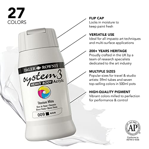 Daler Rowney System3 Titanium White Heavy Body Acrylic Paint 500ml - Art Paint for Artists and Students - Artist Paint for Canvas Murals and More - Thick Acrylic Paint for All Skill Sets
