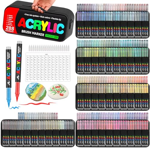 288 Colors Soft Brush Tip Acrylic Markers Set, Paint Pens for Rock, Wood, Fabric, Canvas, Glass, DIY Crafts, Waterproof Paint Markers, Vibrant Acrylic Pens for Artists and Art Projects（BAG) - style: 288 colors BAG