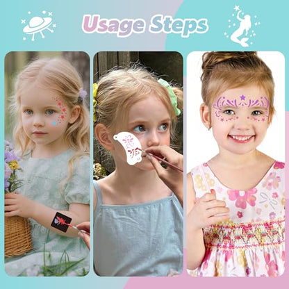 Face Paint Stencils, Includes 50 Reusable Face Painting Stencils, 8 Sheets Tattoo Templates Stickers for Halloween Festival DIY Body Art Makeup Party Temporary Tattoo (58PCS)