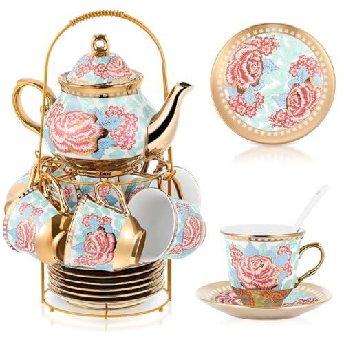 Zhehao 20 Pcs Porcelain Tea Set with Metal Holder and Spoon Adult Ceramic Tea Set European Flower Painting Teapot Cup Saucer Spoon for Women Mom Gift, Large Version (Vintage Style) - color: Vintage Style