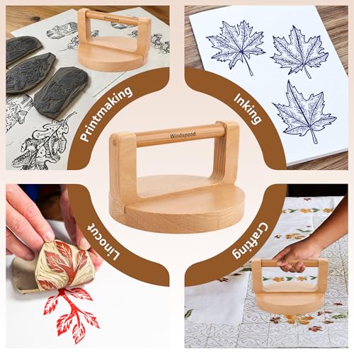 Windspeed Upgrade Wood Baren for Printmaking, 5.5 in Thicker Block Printing Baren Tools Printing Wood Block for Linocut Scrapbooking Crafting Embossing Tool with Wiping Cloth