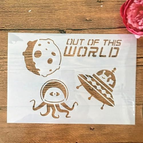TIAMECH A4 Reusable Alien UFO Meteorite Stencil for Painting | Out of World Layering Template, DIY Wall Art, Wood Furniture, Scrapbook & Crafts (8.3x11.7inch) - style: Alien UFO Meteorite