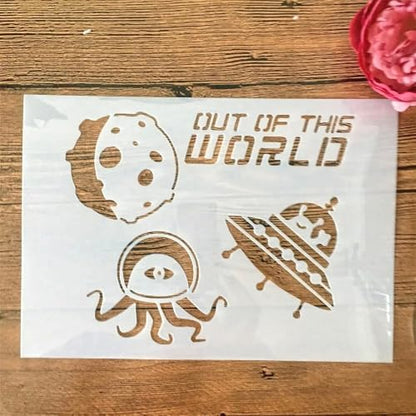 TIAMECH A4 Reusable Alien UFO Meteorite Stencil for Painting | Out of World Layering Template, DIY Wall Art, Wood Furniture, Scrapbook & Crafts (8.3x11.7inch) - style: Alien UFO Meteorite