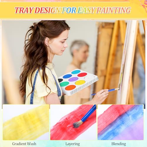 Nuanchu 36 Pcs Tempera Paint Cakes with Tray 9 Colors 2.24 x 0.71 Inch Giant Tempera Paint Set Painting Cakes Tray Palette with Paintbrush Paints Blocks Adults Art Supplies Crafts Drawing Artists