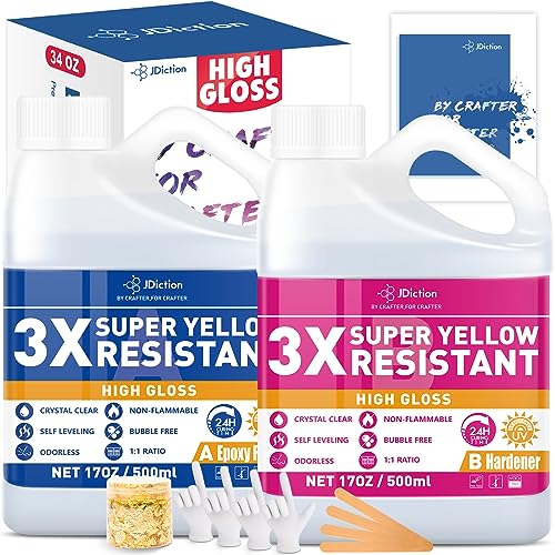 JDiction Epoxy Resin High Gloss 34OZ - 3X Yellowing Resistant Upgrade Formula, Self Leveling Resin and Hardener, Crystal Clear & Bubble Free Coating and Casting Resin for Jewelry, Art, Wood 1:1 Ratio - size: 34 fl oz