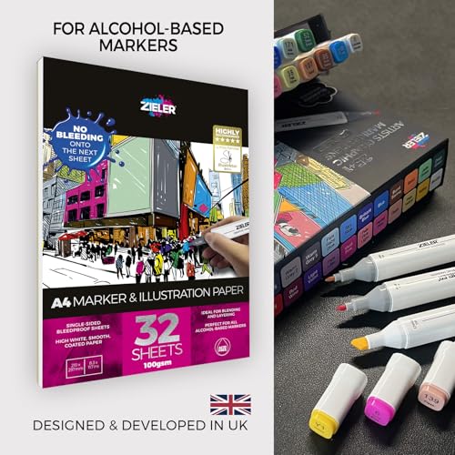 Zieler® A4 (8.3" x 11.7") Marker & Illustration Paper Pad, Smooth Bright White, 100gsm, 32 Sheets