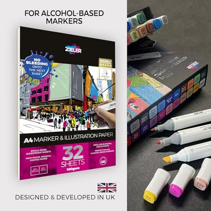Zieler® A4 (8.3" x 11.7") Marker & Illustration Paper Pad, Smooth Bright White, 100gsm, 32 Sheets