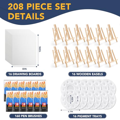 AROIC 208 Pack Easel and Canvas Sets with 16 Wood Easels,160 Brushes,16 Canvas and 16 Palette, Painting Set, Tabletop Easel, Art Easels, Painting Supplies for Kids & Adults to Paint Party - style: 30cm-16sets